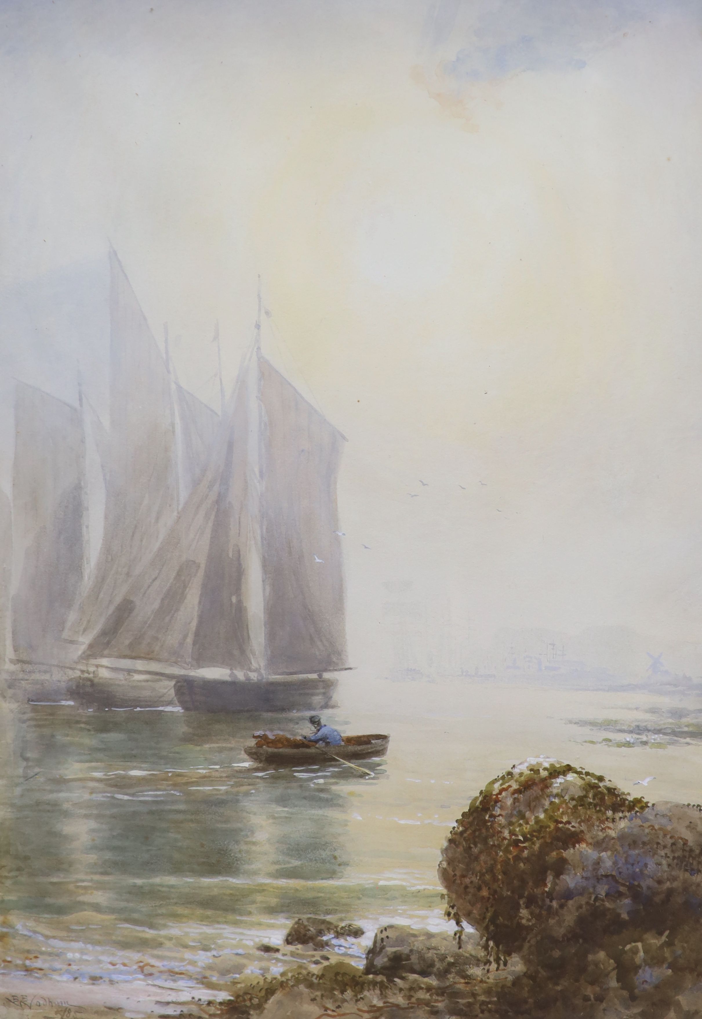 Benjamin Brassett Wadham (fl.1867-1883), watercolour, Fishing boats along the coast, signed and dated '85, 54 x 37cm